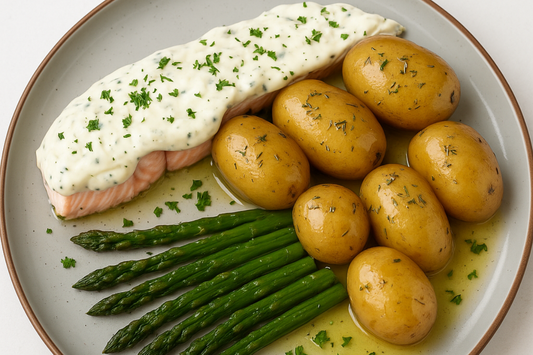 Salmon with Crème Fraîche, Garlic, Chives & Mixed Herbs