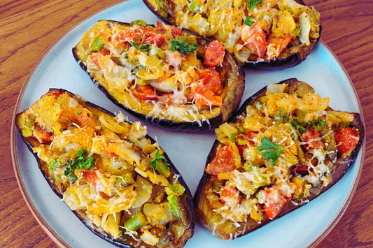 Stuffed Baked Aubergine with Tomato, Onion, Parmesan & Breadcrumbs