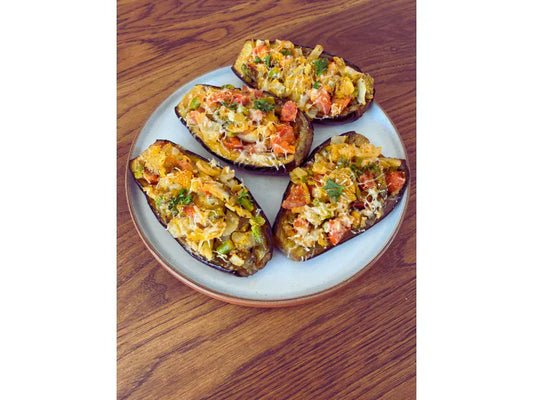 Stuffed Baked Aubergine with Tomato, Onion, Parmesan & Breadcrumbs
