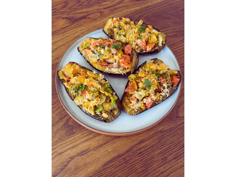Stuffed Baked Aubergine with Tomato, Onion,   Parmesan & Breadcrumbs